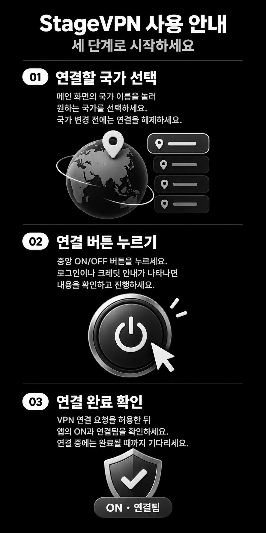StageVPN 사용 안내. 국가 선택, 연결 버튼 누르기, VPN 권한 허용 후 연결 완료 확인.